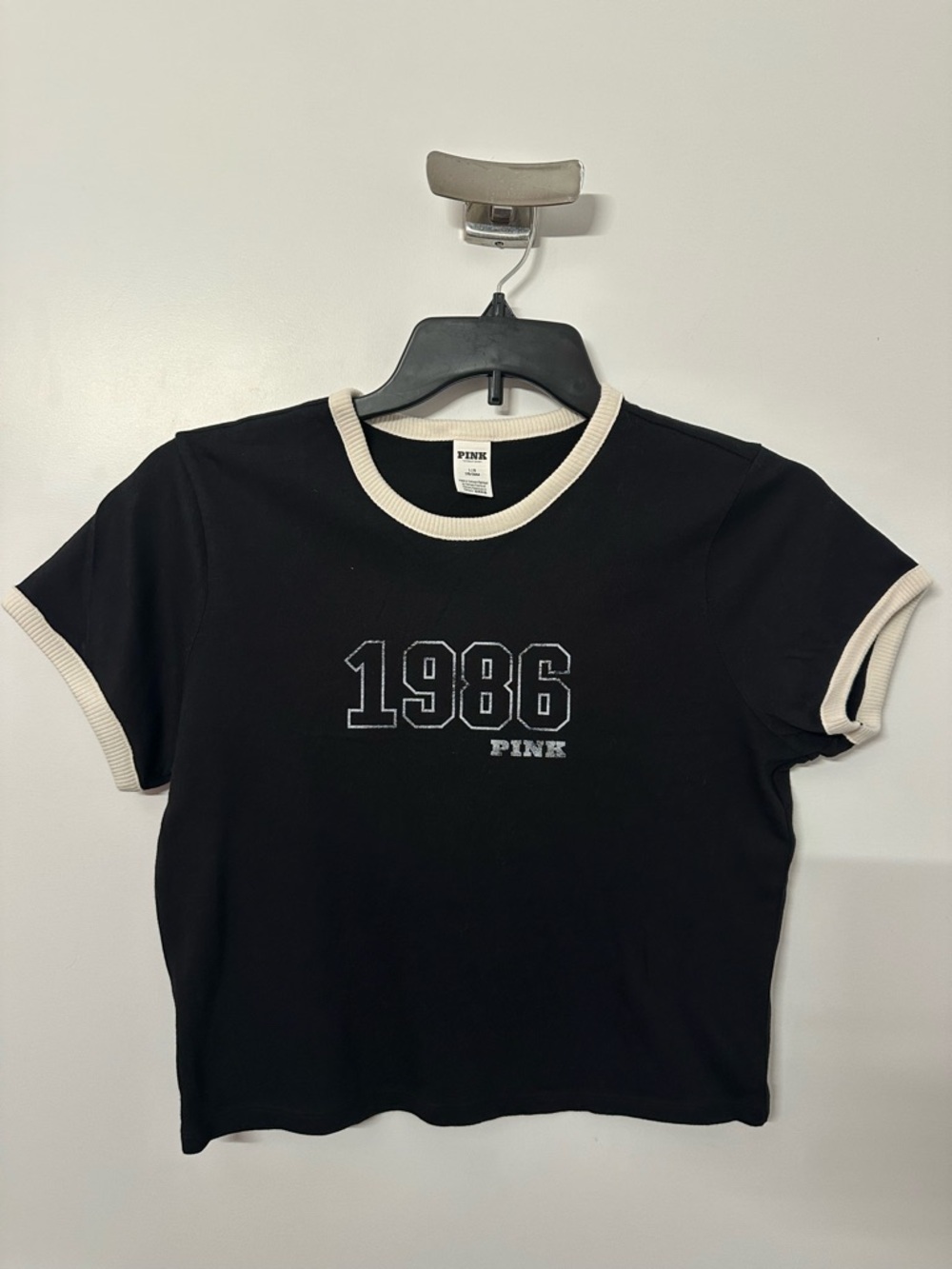 $30!! PINK 1986 Black Ringer Cropped Tee with Cream Trim Size L. FREE SHIPPING